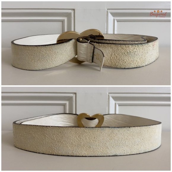 Authentic Gucci Cream Leather Gold Heart Shaped Engraved Script Logo Belt 90/36 - Picture 6 of 13